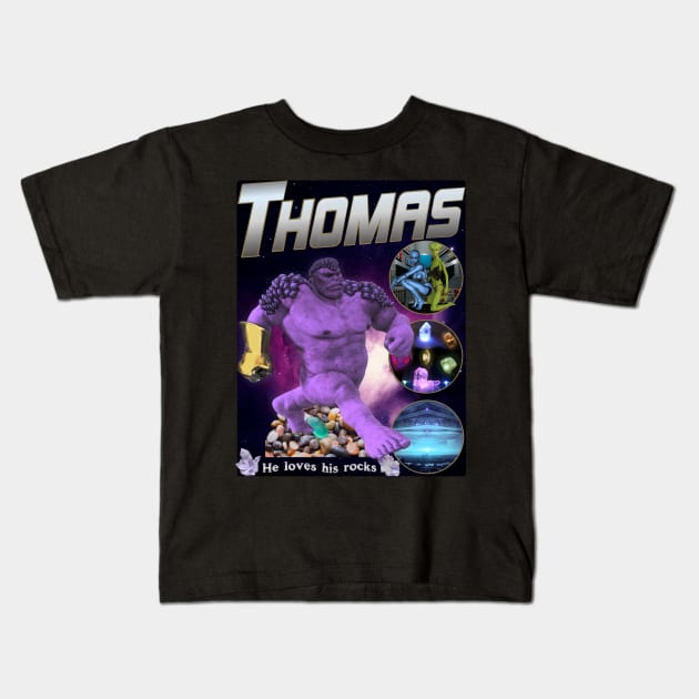 THOMAS *He Loves His Rocks* Knock Off Brand Parody Meme Spoof Super Hero Rap Tee Kids T-Shirt by blueversion